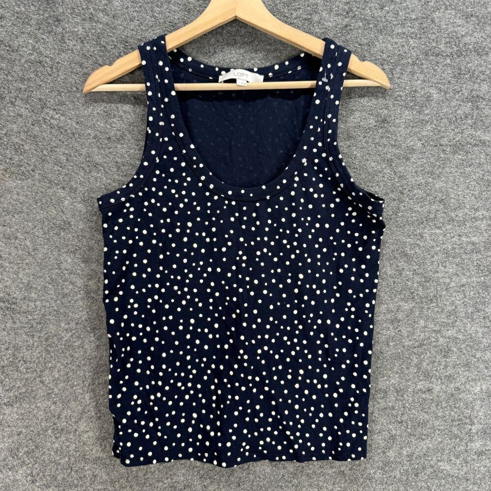 Loft Tank Women L Large Blue Polka Dot Sleeveless Wide Strap Cotton Casual